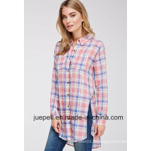 Chest Patch Pockets Langarm Tartan Plaid Longline Frauen Shirt